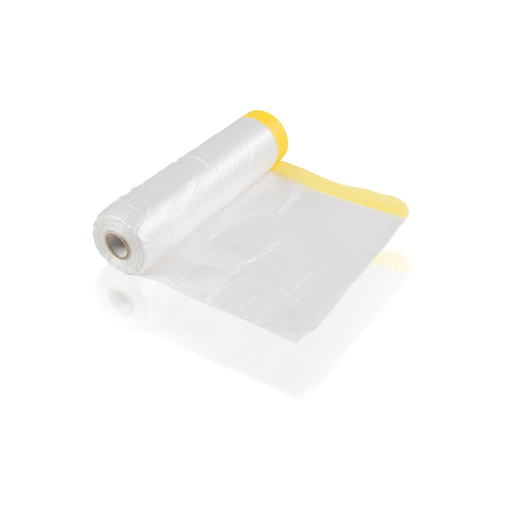 A roll of PlazMask masking film lays slightly unrolled, showing the yellow tape and attached plastic film.