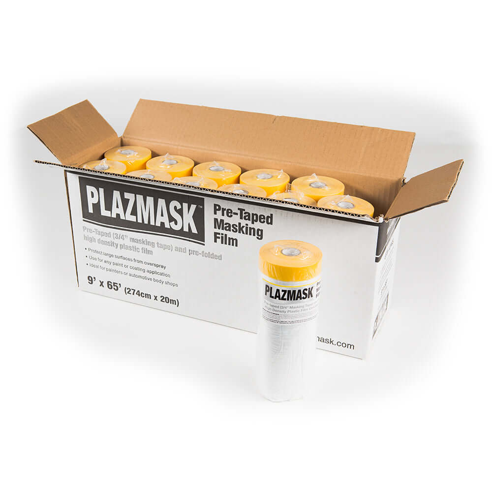 An open box of the 9' x 65' Pre-Taped masking film. One of the rolls is standing up beside the box.